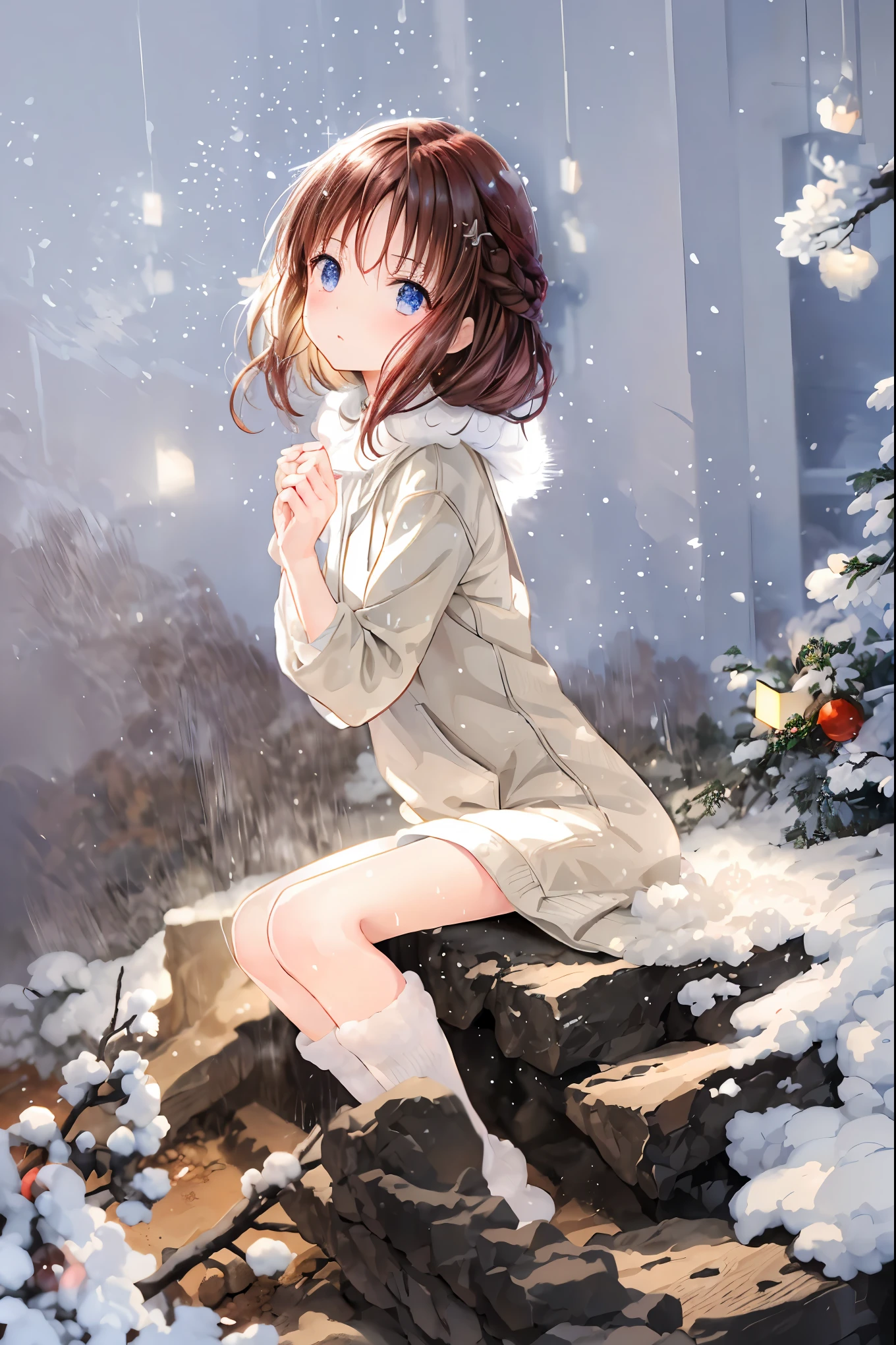 Winter clothes、Red coat、Bare legs、(     top quality ,Masterpiece:1.3,     Ultra-fine ),(      very detailed,      caustics,8k),(      realistic :1.4,RAW shooting),18 years old,      Japanese      ,      cute,  カメラを見て笑faceで   ,(     face    :1.2),(     faceクローズアップ  :1.2),(Low position:1.3),(      low angle:1.4),    brown hair，      Shortcut ，      slender beauty      ，      messy hair，Cityscape，   brown hair， Shortcut ， Unkempt Hair ，Short braided hair，Neat， slender beautiful woman，Correct posture，Small chest， Beautiful Legs， Enchanting gray-blue eyes are shining like stars，Droopy eyes， bright color, beautiful eyes,繊細な笑face,Textured Skin, Best Quality at its Best , gentle and beautiful woman , anime style､