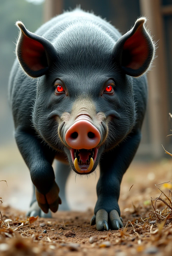 Closeup of an angry pig with very glowing eyes and smoke from its nose and blood from its snout and fangs and its face all over the image with fire and heavy metal guitars and is a poster for a nightmarish horror and horror movie