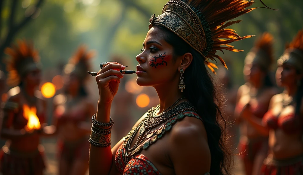 Hyperrealistic Representation In the heart of a Mesoamerican jungle, a group of sexy Aztec warriors prepare for battle in a clearing lit by torchlight. One of them, with dark skin and defined features, is decorating her face with war paint in shades of red and black, while other women sing and perform ritual dances. She wears a quetzal feather headdress that frames her face, highlighting her mysterious beauty. Her body is adorned with jade jewels that reflect the light of the fire, making her look like an incarnated goddess. In her hands she holds a macuahuitl, whose obsidian blade shines deadly. As the dances increase in intensity, the Aztec warriors combine eroticism and ferocity in their movements, hypnotizing the warriors around them. The scene is filled with vibrant colors, the rhythm of drums and the sacred aura of a pre-battle ritual.