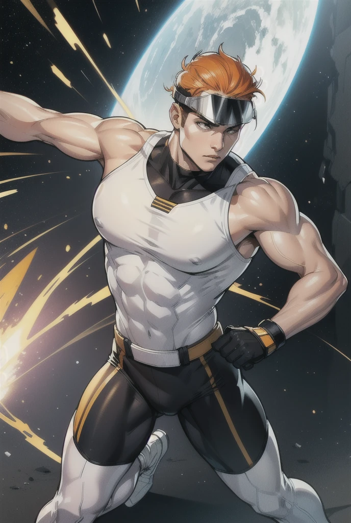   An athletic and stunning man , Alone,    white skin  ,  gray eyes,   short orange hair , concave helmet with visor  ,  wearing tight clothes ,    military armor with white colors, black and gold, superhero style  , standing, action pose, space uniform,    Uniform tight to the body  , without accessories,    full body  ,   black legs in uniform  , sleeveless clothing 