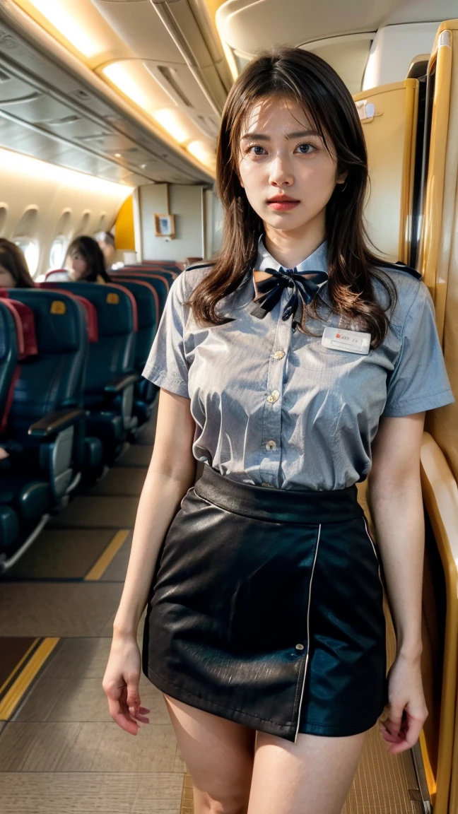 (8k, highest quality, masterpiece: 1.2), (Realistic, Realistic: 1.2), Beautiful Japanese 20 year old woman, Tight waist, Thin thighs, detailed: (非常にdetailedな: 1.3), ((stewardess costume)), Updo short hair, ((Wearing a mini skirt)), Slim and perfect style. (High resolution: 1.1), Airplane Passenger Passenger Passenger,