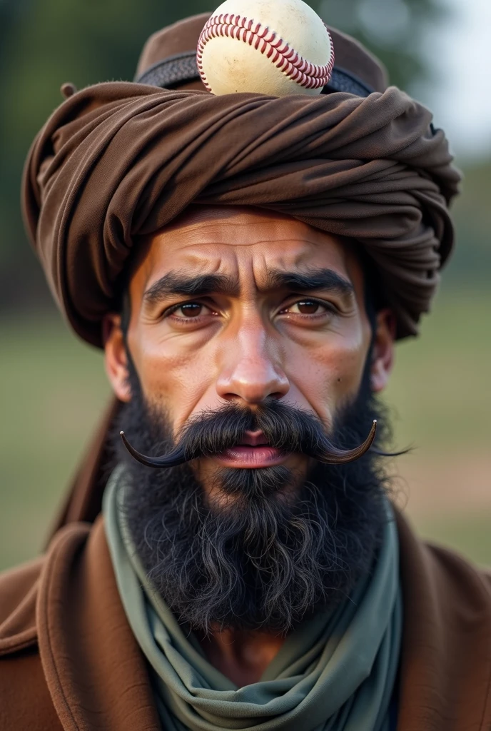 arafed man wearing a hat with a baseball on it, a picture inspired by Sarper Baran, instagram, rasquache, very very low quality picture, new song, low quality video, very very very beautifull face, turban, an afghan male type, long twirling moustache, wearing traditional garb, without helmet, tiktok video, profile pic