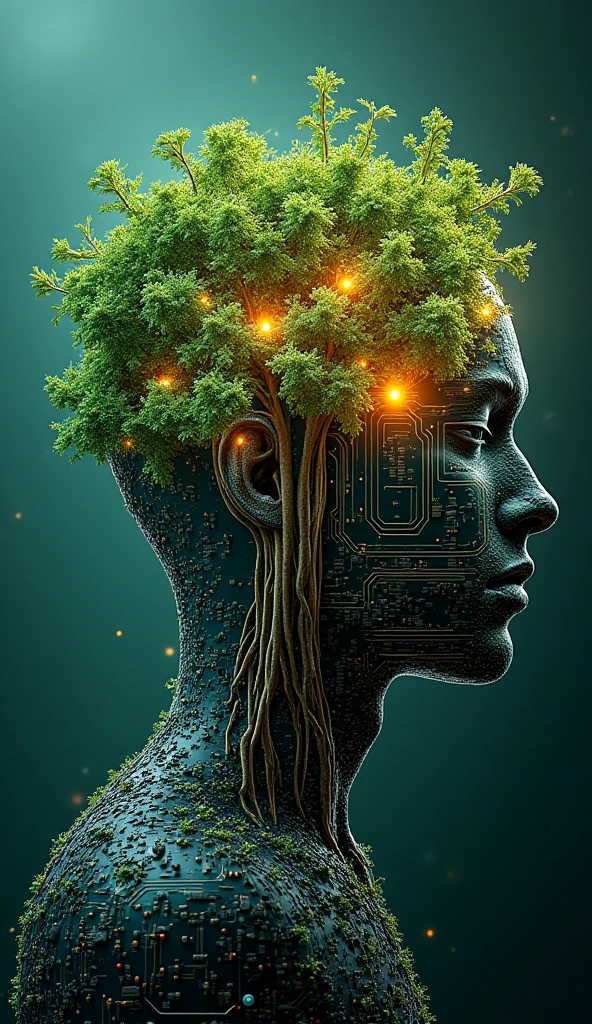 Design a wallpaper that symbolizes a mindset shift for the new year. The background should be a blend of digital and organic elements, like a circuit board flowing into a flourishing garden, symbolizing the balance of technology and personal growth. Include a central figure, whose brain is made up of glowing circuits, transitioning into a natural, organic tree, with roots expanding into a vibrant city. The colors should be futuristic yet warm, with metallic silvers and greens. This represents the integration of technology, growth, and resolution-driven change.