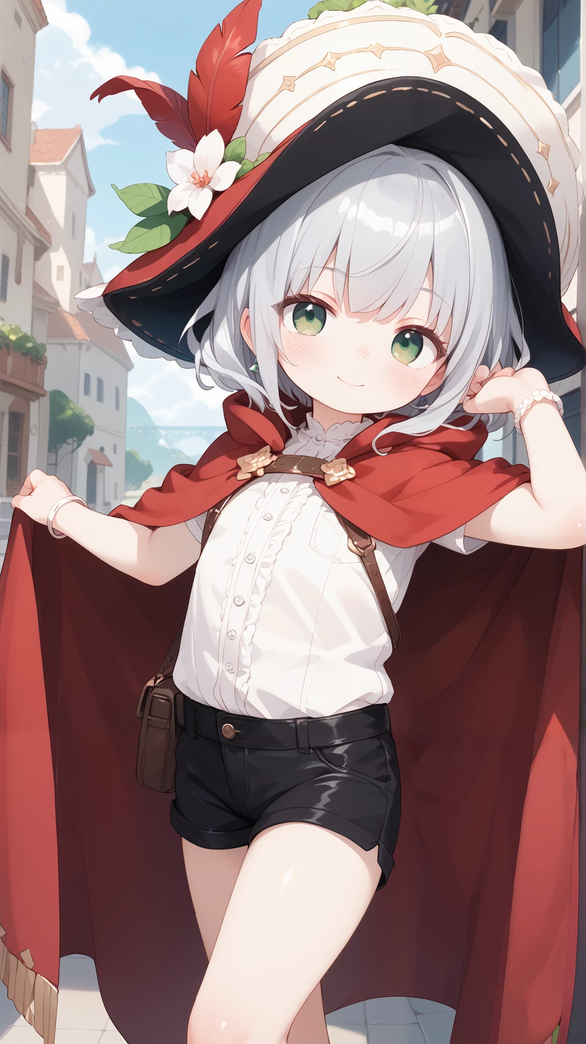 A silver-haired, green-eyed swordsman wearing a red feather hat 、 red cloak、 black shorts
