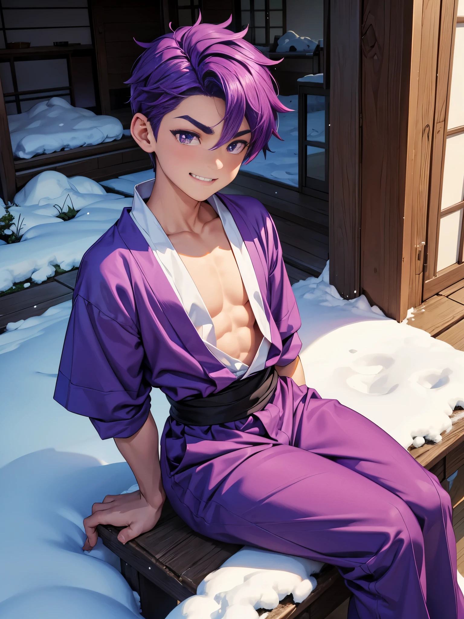 Nendoroid-style 3D SD character. Boy. Purple hair. Straight bobbed hair with little bounce. He has purple eyes with a glazed look. Thin, arched eyebrows. Eyebrows are lowered. Red cheeks. He is smiling with a sleepy look on his face. He is sitting on the porch of a Japanese-style room, watching the snow piling up in the garden. 