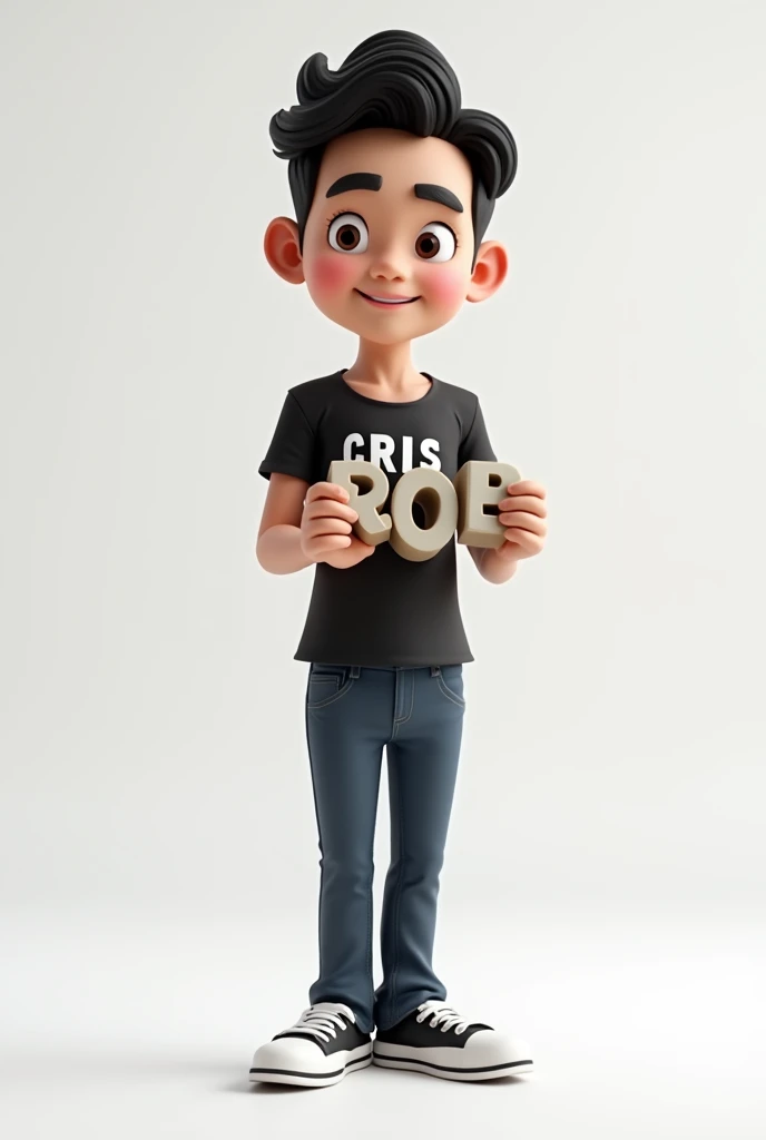 create 3d photo of cambodia young handsome man 35 years old , black short beautiful hair, trendy t-shirt with text "CRIS" on shirt, trendy pant jean. standing holding with 3d text "ROB" ，sneacker white black,  whole body,cartoon，spelling should be correct 