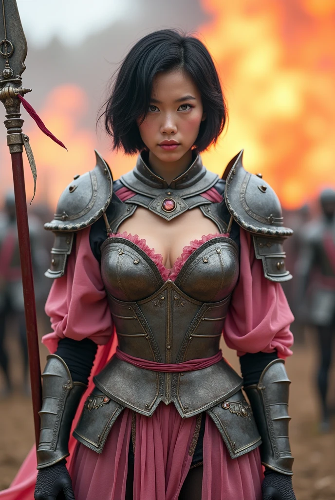 Asian female knight in armour with shot hair and exposed breasts nsfw