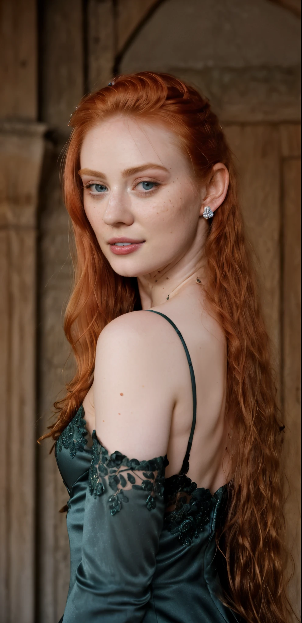 pale 21-year-old Irishwoman, Doborah Woll, ice-girl, looking up at the viewer, cute, (full body view) full-length shot, beautiful woman walking in a medieval palace dressed in green medieval dress, flirting with camera, laughing out loud, Long hair, (full body: 1.3), (disheveled, with bright red matted hair), (standing), full-length portrait, perfect face, captivating eyes, bright details, earbuds, ultra sharp focus, wearing black lace dress, off shoulder, cup C breasts, full body, (high skin detail), freckles, (dirty: 0.8), Key lighting, (backlight: 0.5), medium depth of field, Canon 5D, 50mm lens, f/4 aperture, (ultra-detailed, complex detail), sharp focus, soft colors, 8k, absurd, 8mm film grain, war photography, max detail, roughness, real life, ultra realistic, photorealism, photography, photography, high detailed skin, detailed skin, best ratio, delicate fingers, (realistic, photo-realistic:1.37)