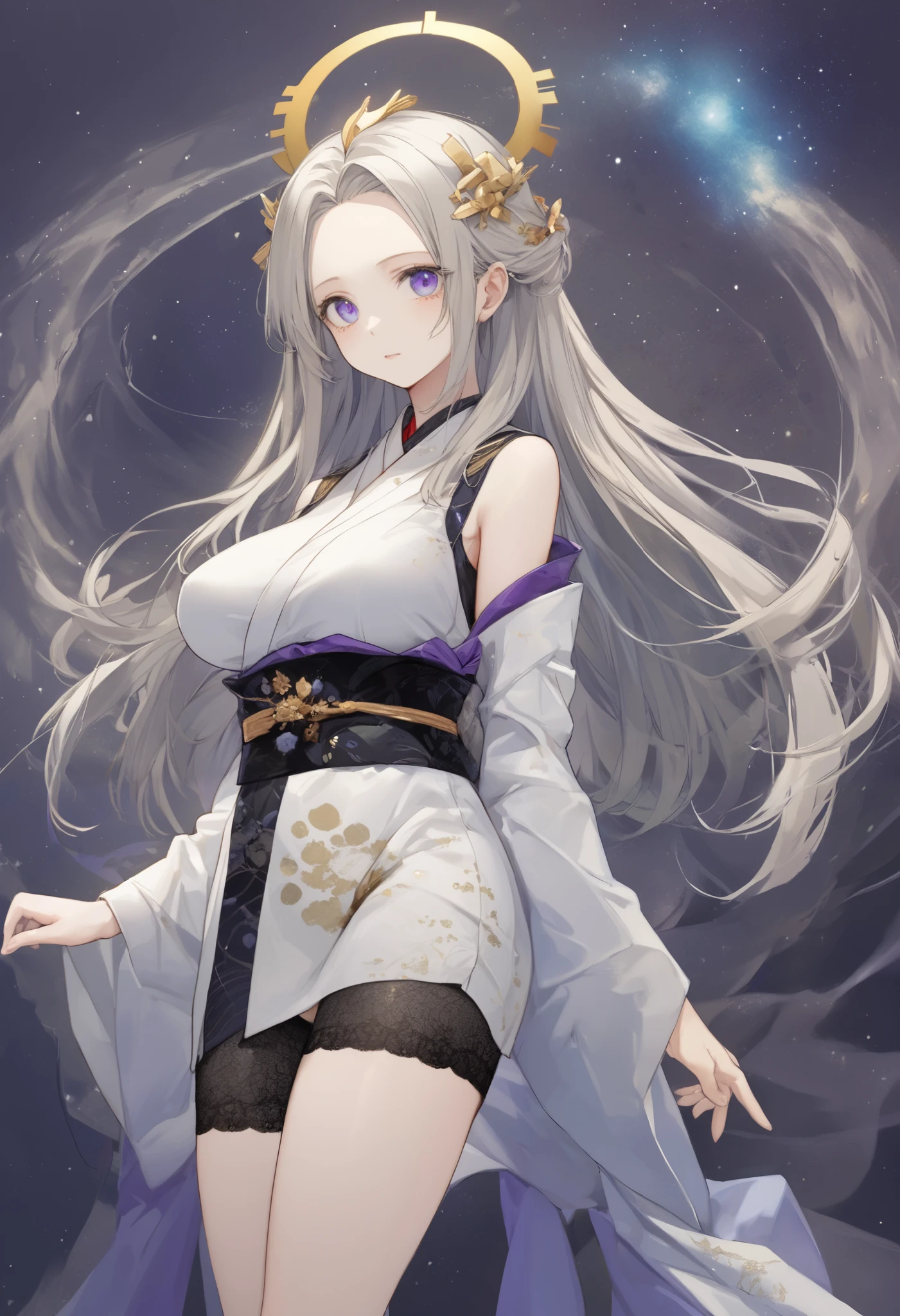 fresh illustration ,
Superfine painting,
top quality,
very delicate illustration ,
Very fine details ,
beautiful attractive anime style ,
Fascinating anime style ,
more details,
beautiful and sophisticated illustration of one girl ,
full body view,
Height: 158cm,
Fair skin,
right eye blue left eye purple perfect heterochromia ,
large black pupils ,
beautiful eyes,
super long hair,
shiny hair ,
The roots of the hair are blue and the others are gray ,
hair gradation
The forehead is sticking out,
pretty and cute face ,
Cheeks are ruddy,
A small, shiny halo is floating on the back of the head,
Lowering the eyebrows,
since age 27,
The upper half of the body is in a traditional Japanese kimono,
Overall white clothes ,
lower body Nadres ,
The color of the belt is black ,
The design is tastefully embroidered with gold thread,
fine fabric clothing ,
Shoulder-width narrower shoulders,
mega breasts,
Isometric,
Golden Ratio,
god々 like atmosphere,
The undershirt is indigo-colored with a stand-up collar,
outer space ,
There are multiple galaxies ,
Little Star々 upper body ,
tactical use of shadows ,
The hair and the halo on the head do not extend beyond the frame,
Clothes don't stick out of the angle of view ,
garter belt from behind,
stockings ,
The thigh straps are digging into the skin,
lace thong
white long boots ,
There are countless Japanese style ,
Thin Waist,
Thick thighs,
full shot,
Picture of standing upright and steady ,