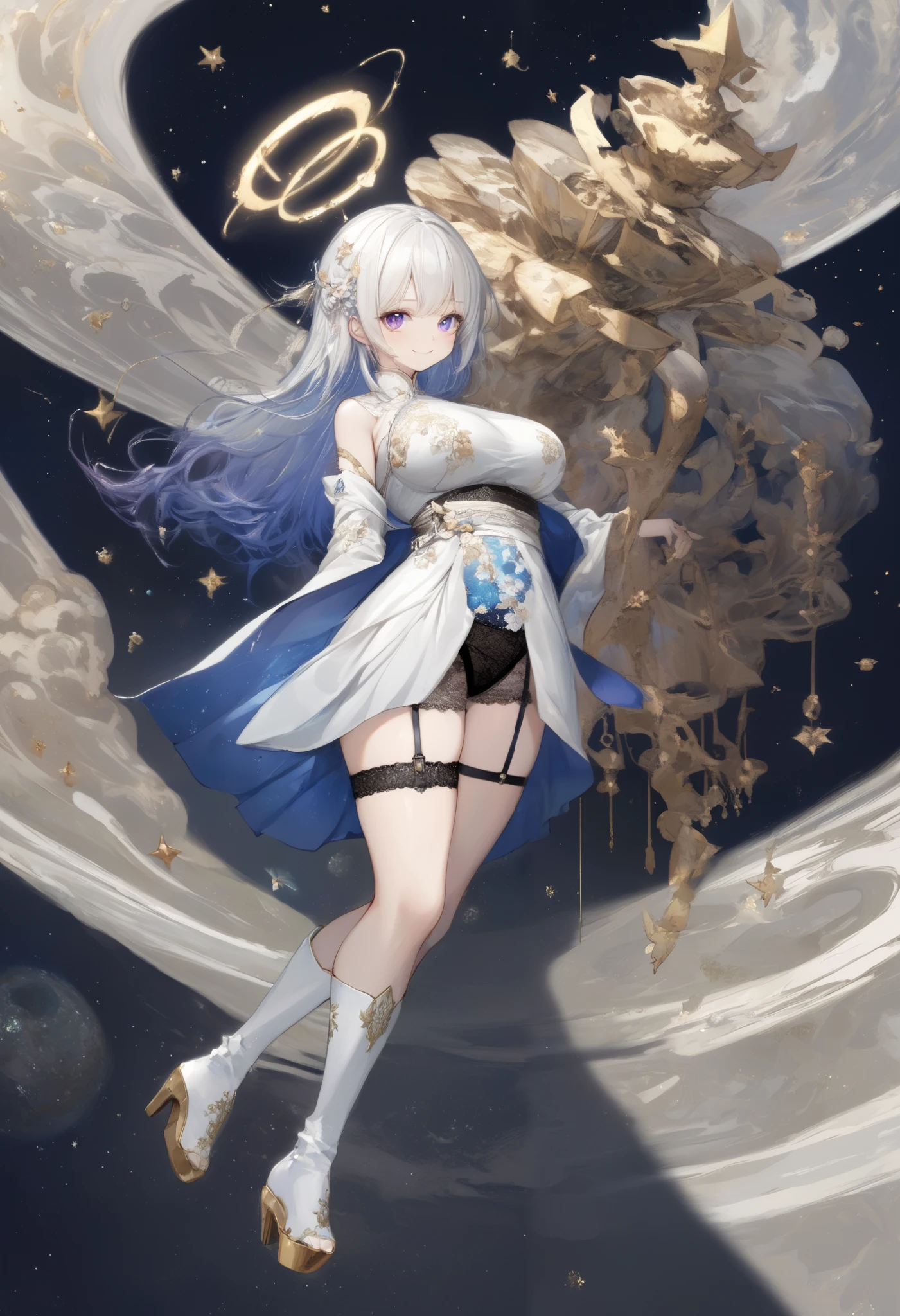Fresh illustration,
Ultra-fine drawing,
Top quality,
Very delicate illustration,
Very fine details,
Beautiful and charming anime style,
Enchanting anime style,
Super detailed,
Beautiful and sophisticated illustration of a girl,
Full body,
Height 158cm,
Fair skin,
Right eye blue, left eye purple, complete heterochromia,
Large black pupil,
Beautiful eyes,
Super long hair,
Shiny hair,
Blue roots, white hair elsewhere,
Hair with gradient,
Protruding forehead,
Pretty and cute face,
Rich cheeks,
Small shiny halo floating on the back of the head,
Lowered eyebrows,
Smiling,
Upper body in kimono,
Overall white clothes,
Lower body in Chinese dress,
Black obi,
Tasteful embroidery with gold thread,
Clothes with high-quality texture,
Narrow and sloping shoulders,
Mega breasts,
isometric,
golden ratio,
divine atmosphere,
wearing an indigo-coloured inner lining,
outer space,
multiple galaxies,
countless small stars,
tactical use of shadows,
hair and halo on head do not extend beyond the frame,
clothes do not extend beyond the frame,
garter belt,
stockings,
thigh straps digging into skin,
lace thong,
white long boots,
shoes with Japanese-style toes,
thin waist,
thick thighs,
full shot,
picture of standing motionless,