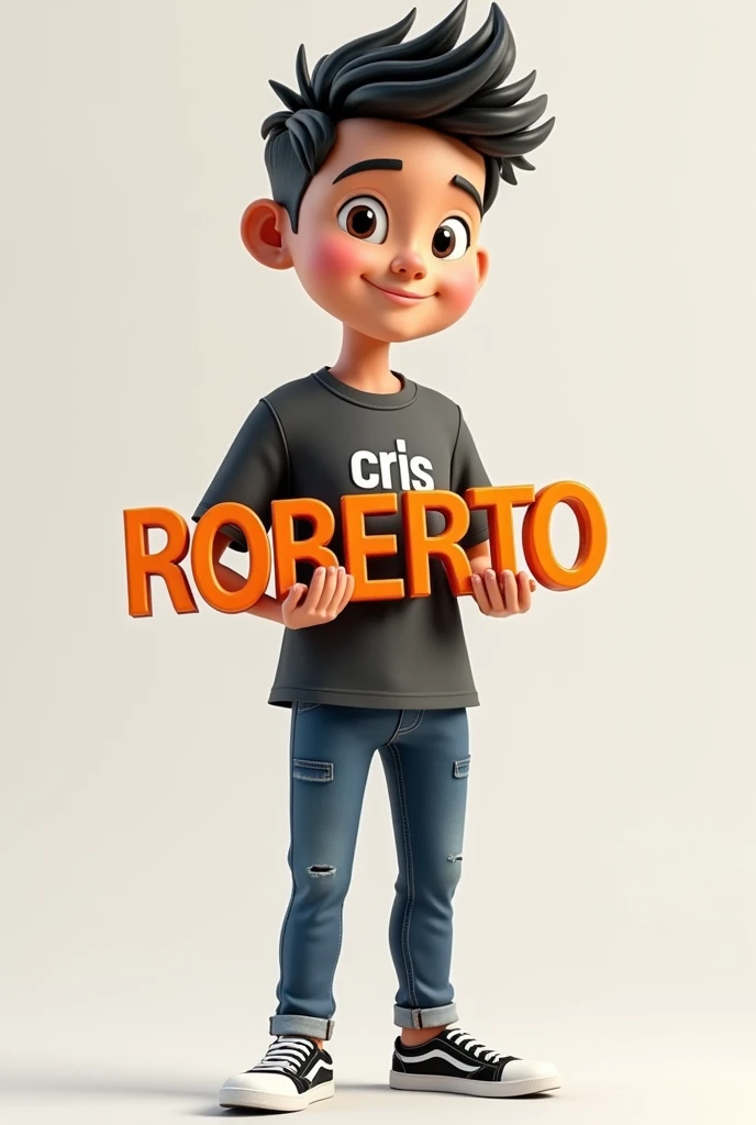 create 3d photo of cambodia young handsome man 35 years old , black short beautiful hair, trendy t-shirt with text "CRIS" on shirt, trendy pant jean. standing holding with 3d text "ROBERTO" ，sneacker white black,  whole body,cartoon，spelling should be correct 