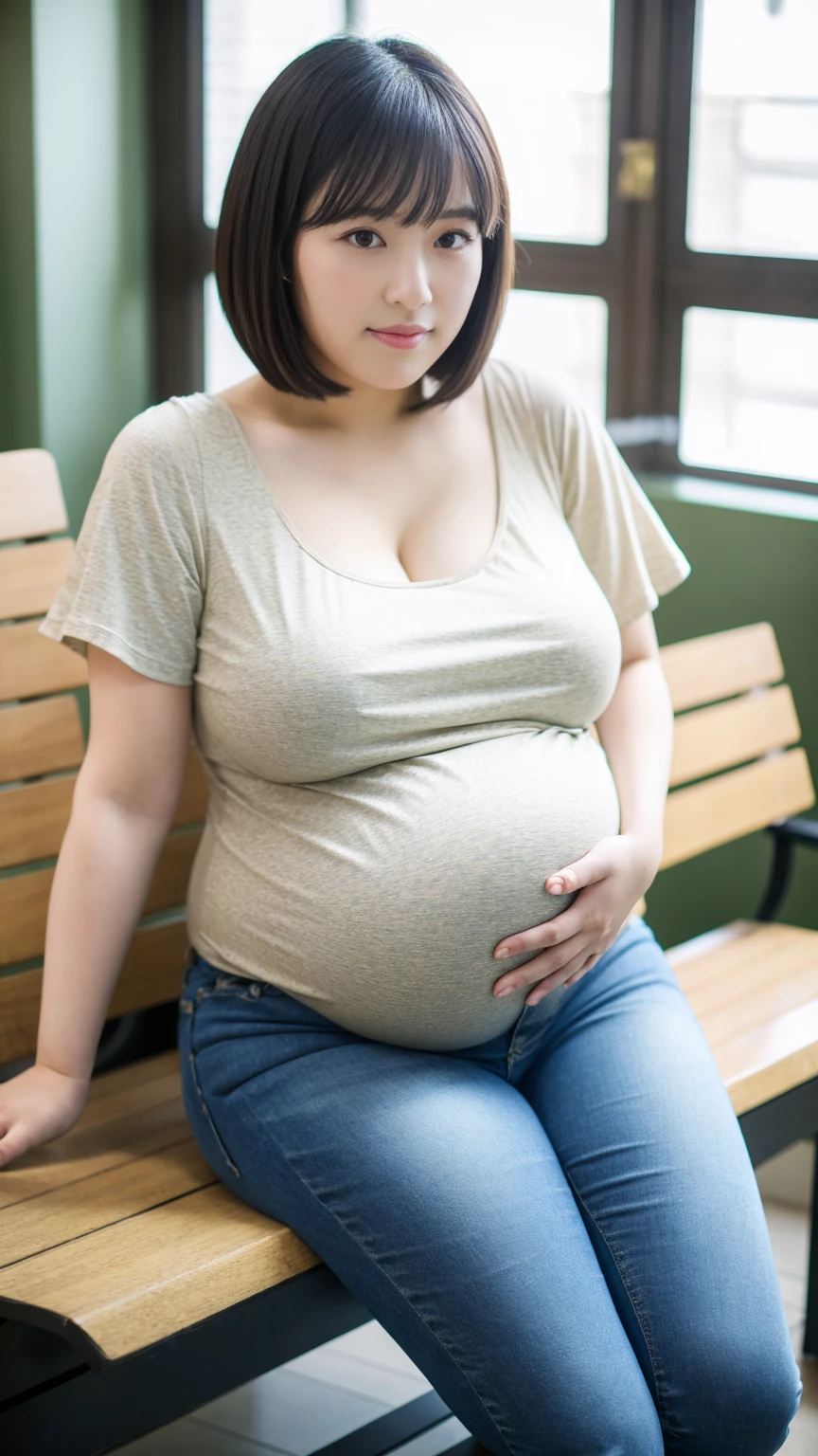 Japanese,young, (alone), 20-year-old, (Double),whole body,short hair, Glamour, Pure white skin, Photographed from the front,Watching the audience、(White tank top)、(White socks),Toes in socks、Toes on the feet、Room floor、squat,(Are pregnant)