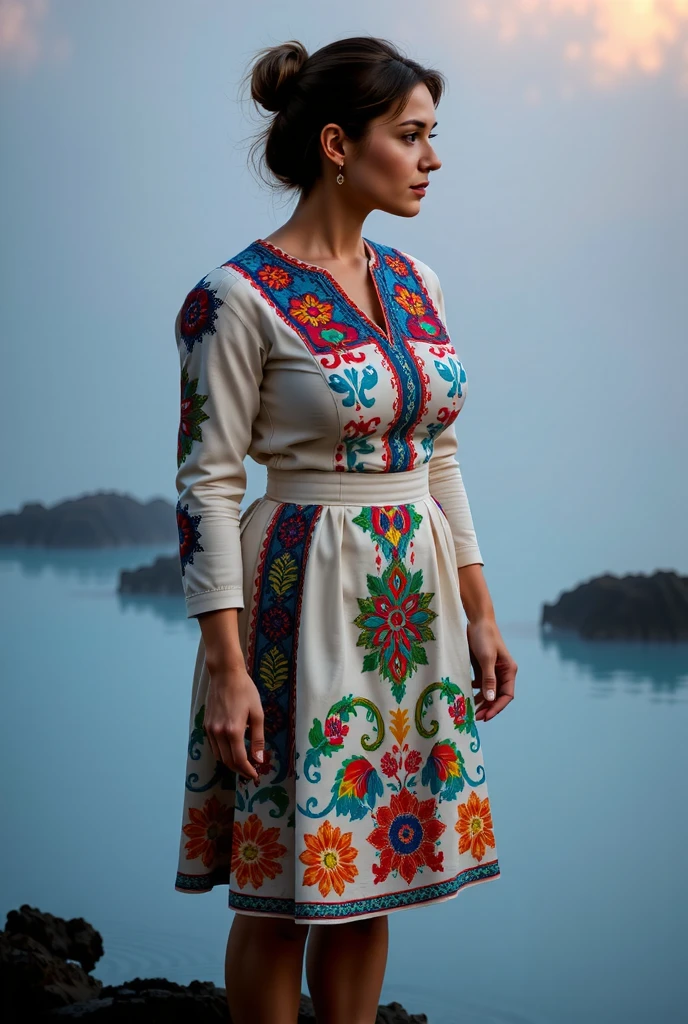  A traditional Icelandic dress with vibrant colors highlighted against the soft, milky-blue hues of the Blue Lagoon at sunrise.