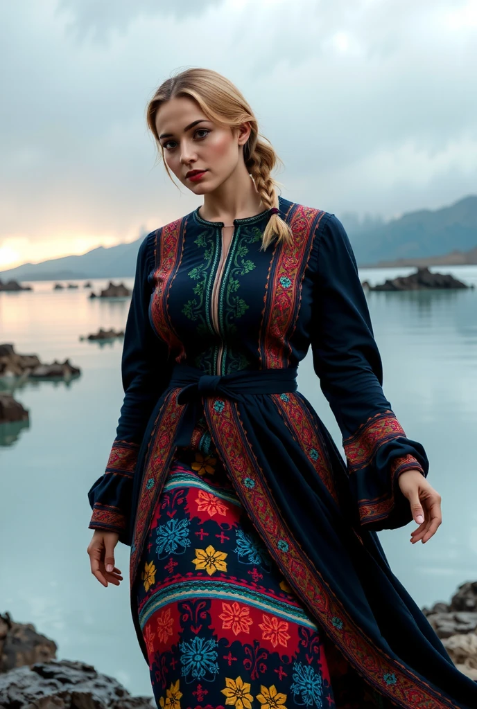  A traditional Icelandic dress with vibrant colors highlighted against the soft, milky-blue hues of the Blue Lagoon at sunrise.