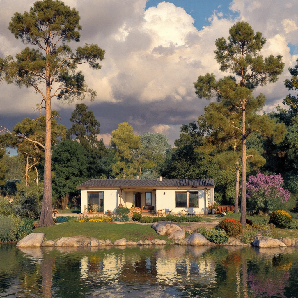 a highly detailed modern, one-story prefabricated house with clean lines, minimal ornamentation, and large windows, surrounded by a lush, vibrant landscape of tall trees with varying leaf textures, colorful flowering plants, and strategically placed rocks, situated near the serene lakeside with gentle ripples on the water's surface, under a dramatic sky with a diverse array of interesting cloud formations, including cumulus, stratus, and cirrus clouds, with the sun casting a warm, soft light, emphasizing the textures and tones of the natural environment, in stunning 8K resolution.