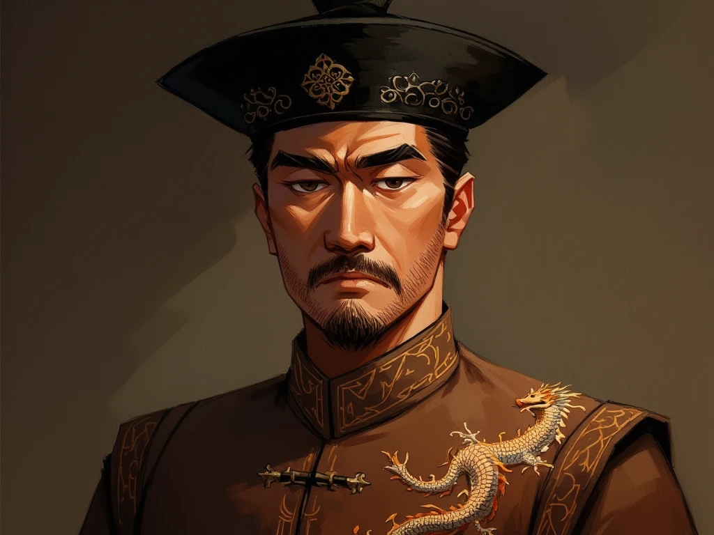 Chinese emperor, black hat, no beard, about 30 years old, face relatively large, brown silk solid color simple official uniform, thin color dragon texture embroidered with openwork embroidery on the clothes, realistic face close-up, character photography, solid color simple background, ambient light, background light, Tyndall light