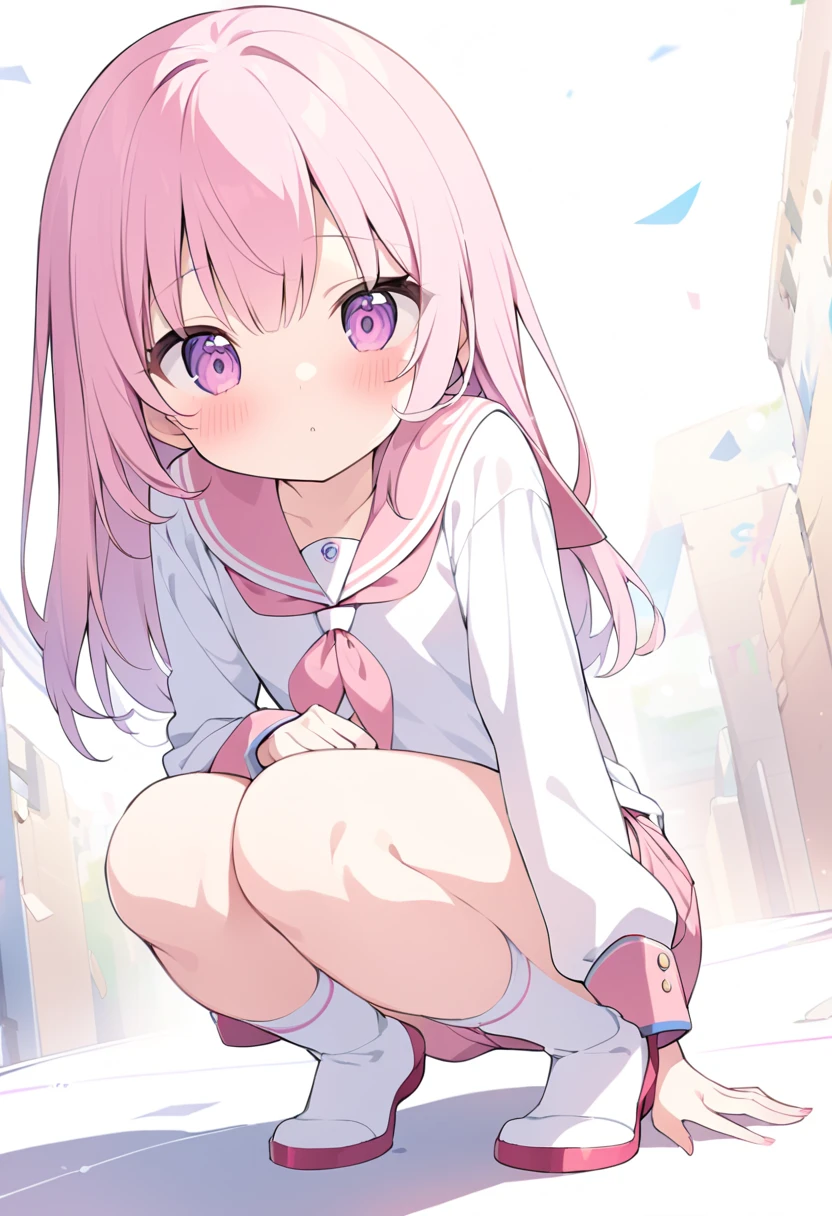 Beautiful illustrations, Highest quality, (:1.4)、(pretty girl:1.5)、 girl、Flat Chest、Sailor collar、(White long tunic:1.3)、Long sleeve sailor suit、Blue-line cuffs、(Pink Chino Shorts:1.7)、(Pink shorts with wide openings:1.6)、Gap between thigh and shorts、Thin thighs、White socks、 Cinema Lighting, (Pink long hair)、Pink Straight Hair、Redness on the cheeks、(Braiding of the back of the head)