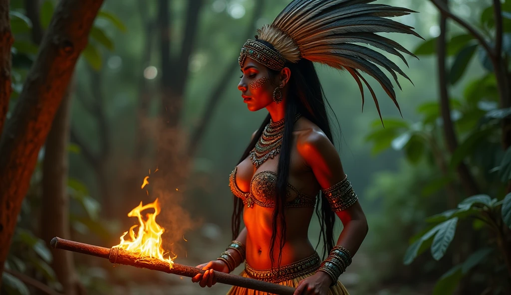 Hyperrealistic representation In the heart of a Mesoamerican jungle, a Aztec warrior prepares for battle in a clearing lit by torchlight. The beautiful Aztec warrior, with dark skin and defined features, has her face painted in red and black that highlight her face. She wears a quetzal feather headdress that frames her face, highlighting her mysterious beauty, she wears a skirt made of fine palm leaves and a small top that just covers her . Her body is adorned with jade jewels that reflect the light of the fire, making her look like an incarnated goddess. In her hands she holds a macuahuitl, whose obsidian blade shines deadly. The scene combines and ferocity in its movements. The scene is filled with vibrant colors, the rhythm of drums and the sacred aura of a pre-battle ritual.