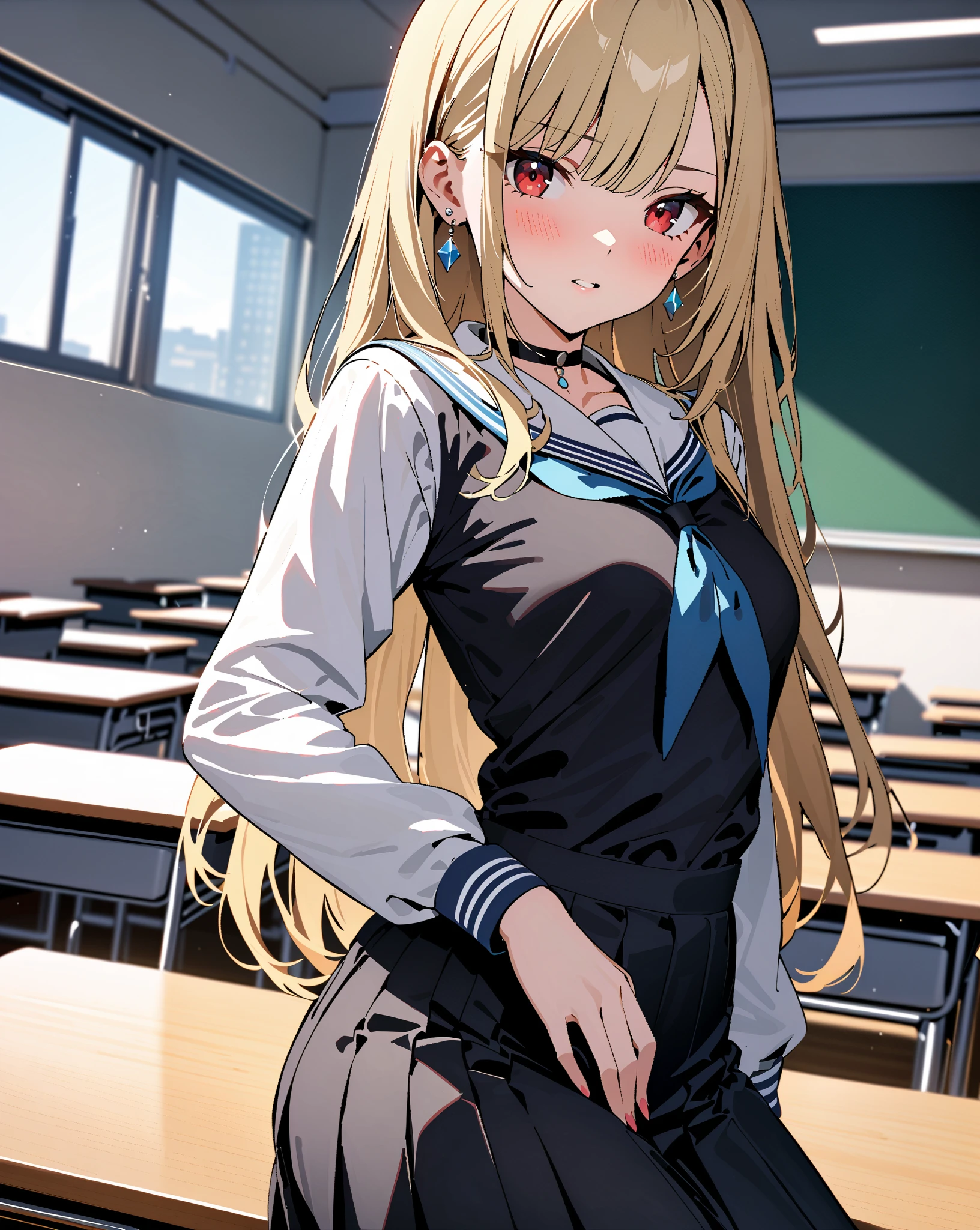 muste piece, best quality, 1 girl,blonde, (black eye:1.2),((on the bed))、(((Panty stocking)))、((embarrassed expression))、((Mi Hai Sand))、((Photo from below))、(((school uniform)))、((long hair))、((C cup breastini skirt))、(twin tails)、