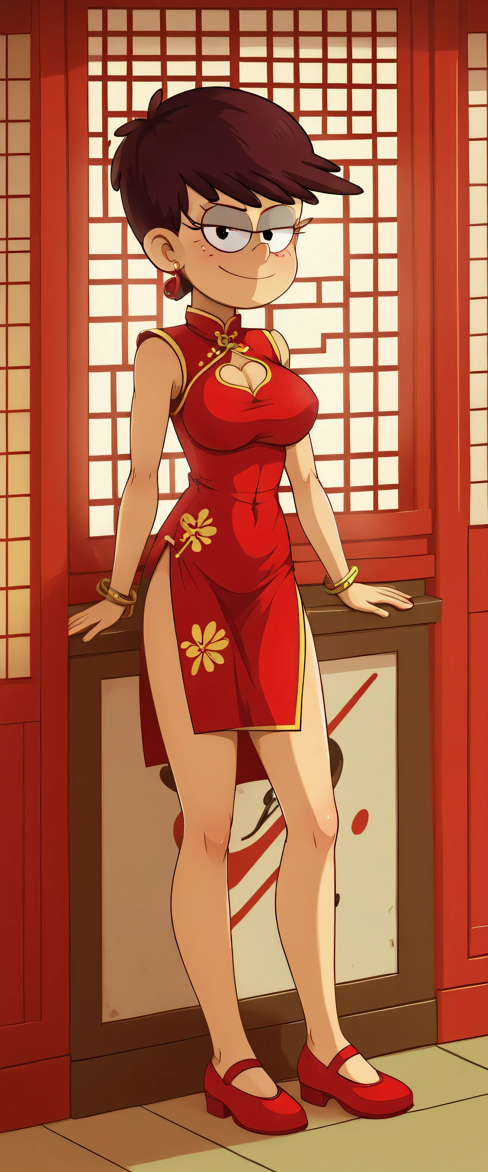 safe_pos, score_9, score_8_up, score_7_up BREAK Luna Loud, the loud house, BREAK large breasts, BREAK looking at you, red cheongsam, inside of a chinese temple, full body view, brunette hair, short hair, standing, chest window