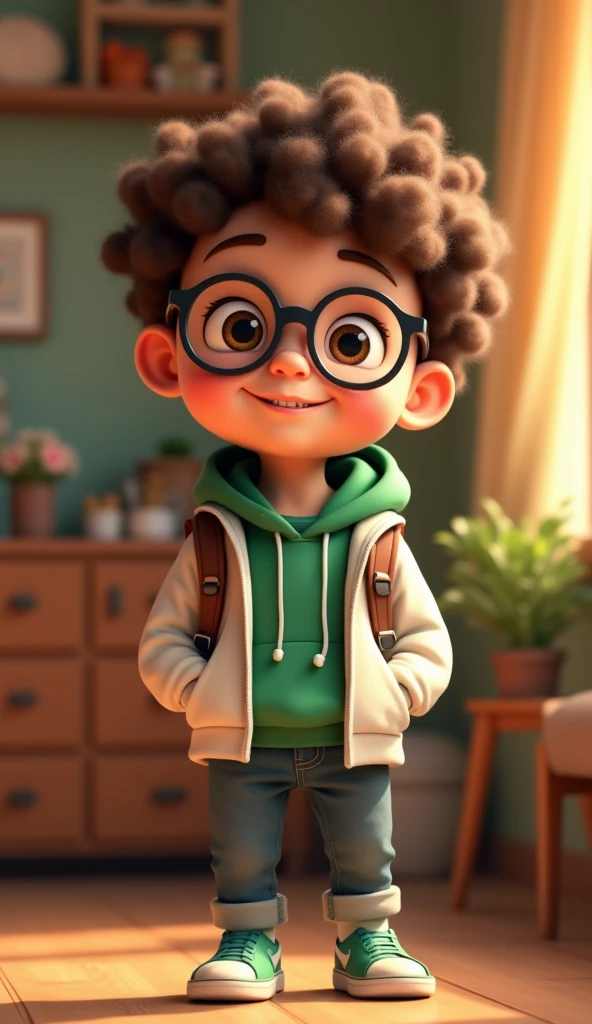 a happy cute ??? stand short hair, usa uma camisa verde, Round Glasses Black Hair, , fundo branco, barnet, Tom, Estilo Pixar, ....3d, desenhos animados, rosto detalhado, asymmetrical 16k