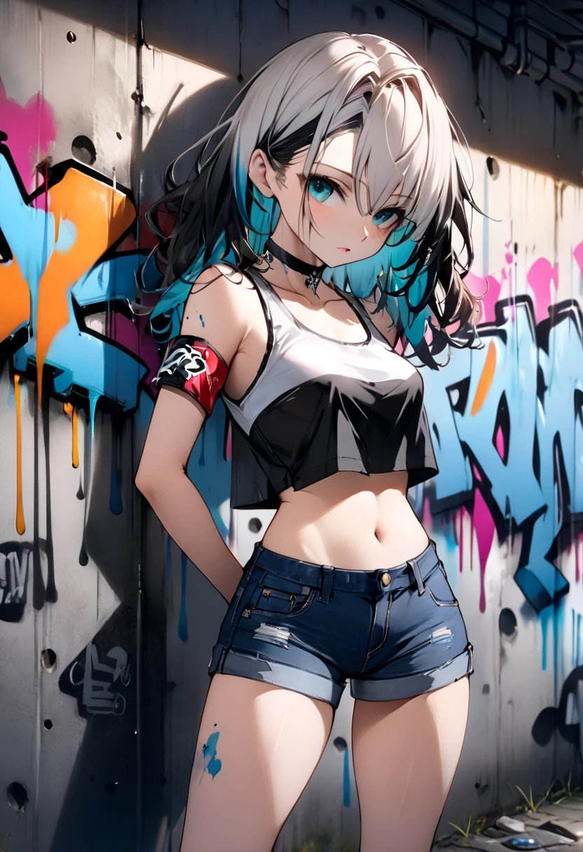 masterpiece, best quality, 1girl, solo, crop top, denim shorts, choker, (graffiti:1.5), paint splatter, arms behind back, against wall, looking at viewer, armband, thigh strap, paint on body, head tilt, bored, multicolored hair, aqua eyes, --v 6.1