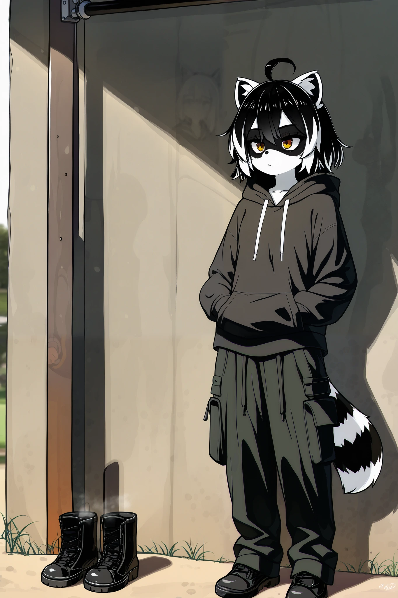  A semi-human teenager with triangular and furry raccoon-style ears ,  of dark gray color with white tips . Her long messy black hair frames bright and attentive amber eyes..  A long striped tail , black and gray ,  swings softly behind him ,  reflecting his agile nature .  He wears a large black loose-fitting hoodie that gives it a mysterious air,  combined with dark cargo pants and worn boots ,  ideal for moving quickly and stealthfully . His relaxed posture,  with hands in pockets, and his youthful air ,  make him stand out in any night environment .

