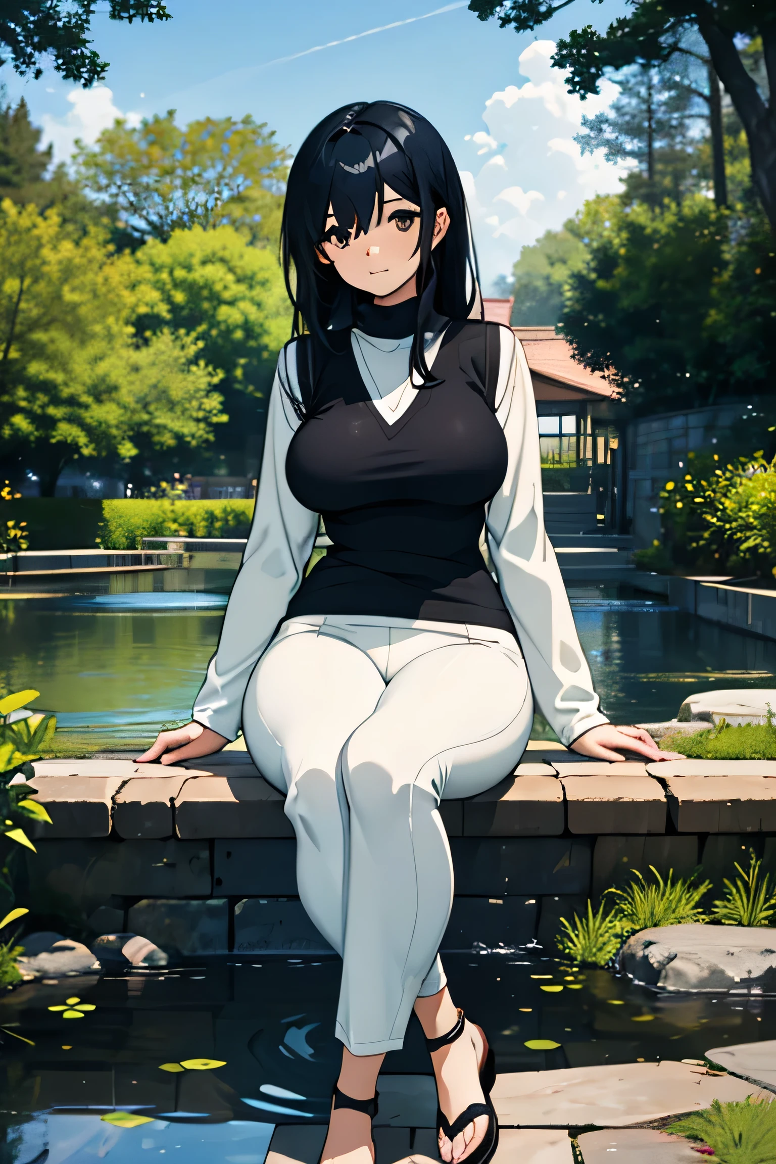 Curvy woman hot, She has black blue hair that she keeps in a hime-cut of different lengths, wears white long-sleeved pullover with a turtleneck and a black sleeveless dress with a V-neck, white pants and sandals. Background of a pond, potrait