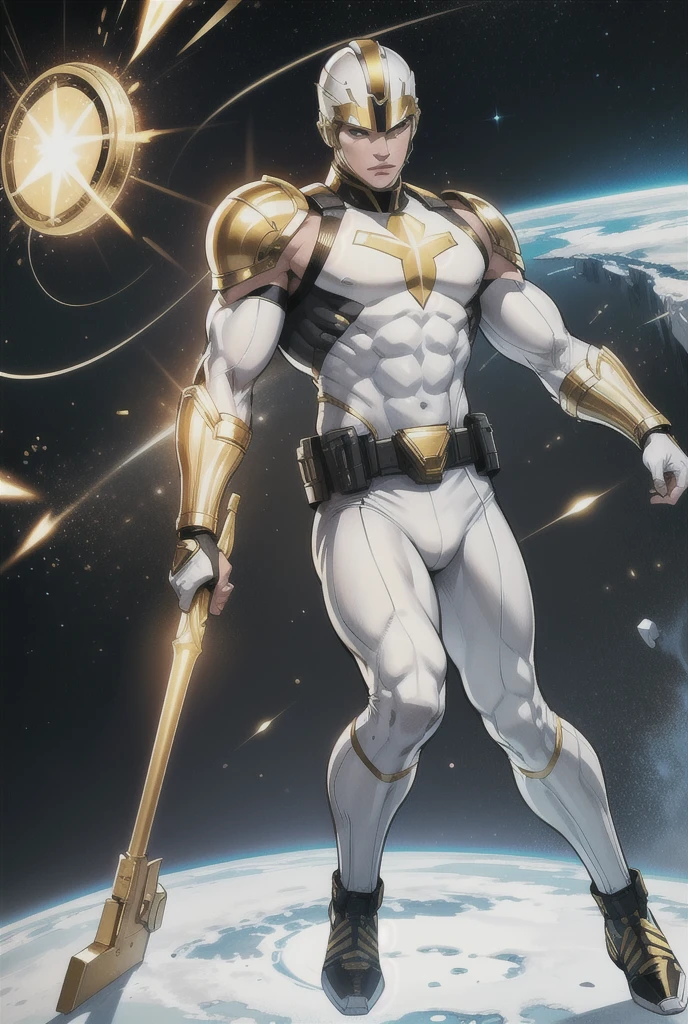    An athletic and dazzling man, Alone,      white skin   ,   gray eyes,  invisible hair  , golden spartan helmet,   WEARING TIGHT CLOTHES  ,   military armor with white colors, black and gold, superhero style   , standing, action pose, space uniform,   Uniform tight to the body  , without accessories,   full body  ,    black legs in uniform  , sleeveless clothing 