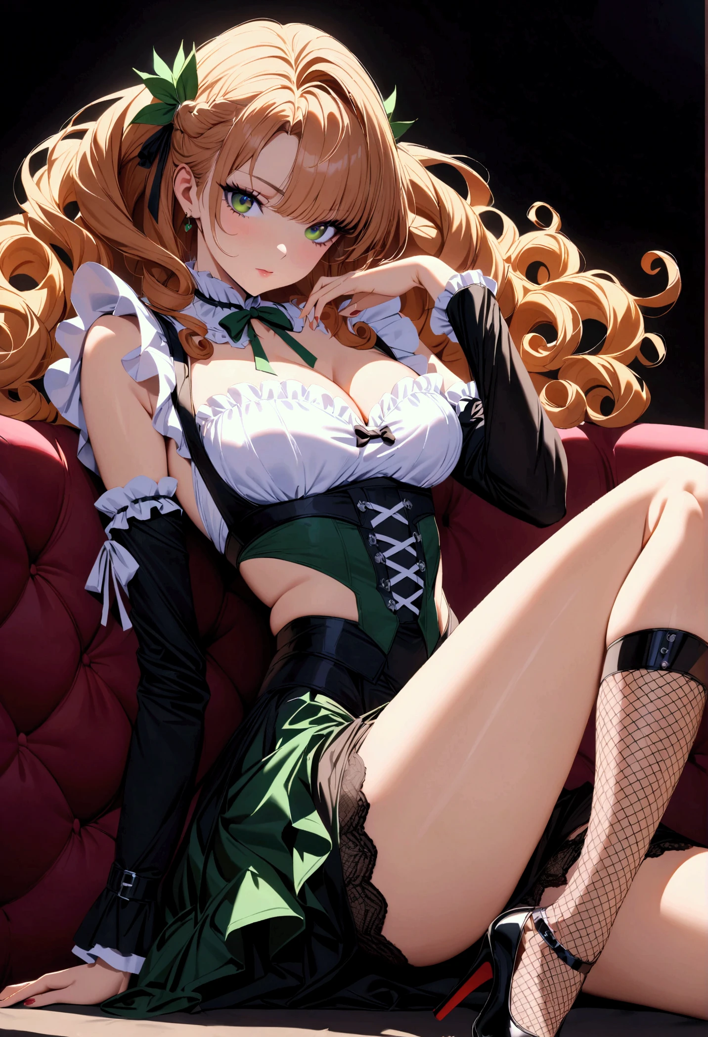 ultra-quality, ultla highres, Hyper Detailed, High contrast, Ultrafine Strike, creative refinement,A dark-haired,Green lingerie,ssmile,Green corset,Green Garter Belt,Show Pub,