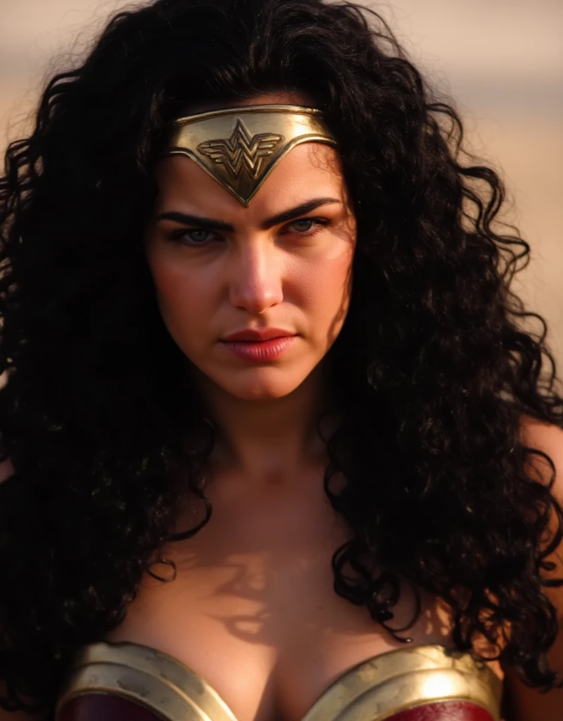 close-up, a woman with long curly black hair. She is wearing a Wonder Woman costume. angry facial expression. UHD, photorealistic, masterpiece, best quality, real person, 16K