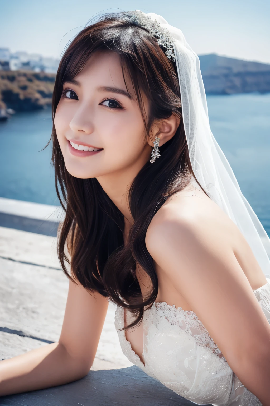 1 girl, ( wear a wedding dress:1.2), (Veil), very beautiful Japanese idol portrait, ( lying down ),
( RAW photos, top quality), ( realistic, realistic:1.4), (masterpiece),
very delicate and beautiful , very detailed, 2k wallpaper, amazing on the beach, finely, very detailed CG Unity 8K wallpaper, very detailed, high definition, Soft light,
girl with beautiful details wearing a navy blue blouse, very detailed目と顔, beautiful and sophisticated nose , beautiful beautiful eyes under the sun, movie lighting,
(Santorini church ), (bell), (Aegean Sea),
Perfect Anatomy , slender body, ( small breasts), (A shy smile), whole body
