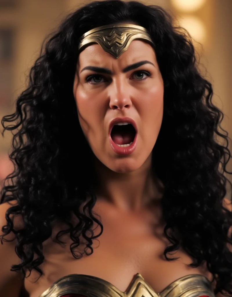 close-up, a woman with long curly black hair. She is wearing a Wonder Woman costume. angry facial expression with open mouth, cry loud. UHD, photorealistic, masterpiece, best quality, real person, 16K