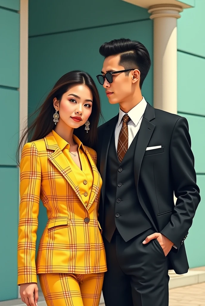A professional masterpiece featuring two models: a full-body shot of a confident, handsome, charming Malay man with short taper fade black hair, natural makeup, a slight smile, wearing trendy eyeglasses and a lime luxury suit with flowers on the pocket, walking with a confident, beautiful, charming Malay woman secretary with long wavy flowing blonde hair, natural makeup, a slight smile, going to a cafe. The setting is an outdoor street view with plants in pots around, dramatic soft lighting, depth of field effect, ultra realistic, high definition with special effects, resembling a photo taken with a Sony 7000D camera.