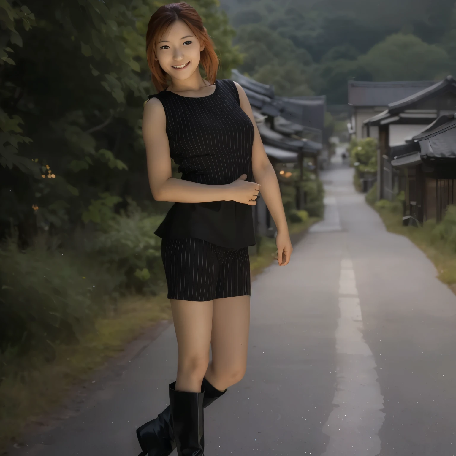 (  top quality, Masterpiece), (   beautiful Japanese girl ), (Freckles:0.6),   Ponytail, smile, garden,   black long boots 