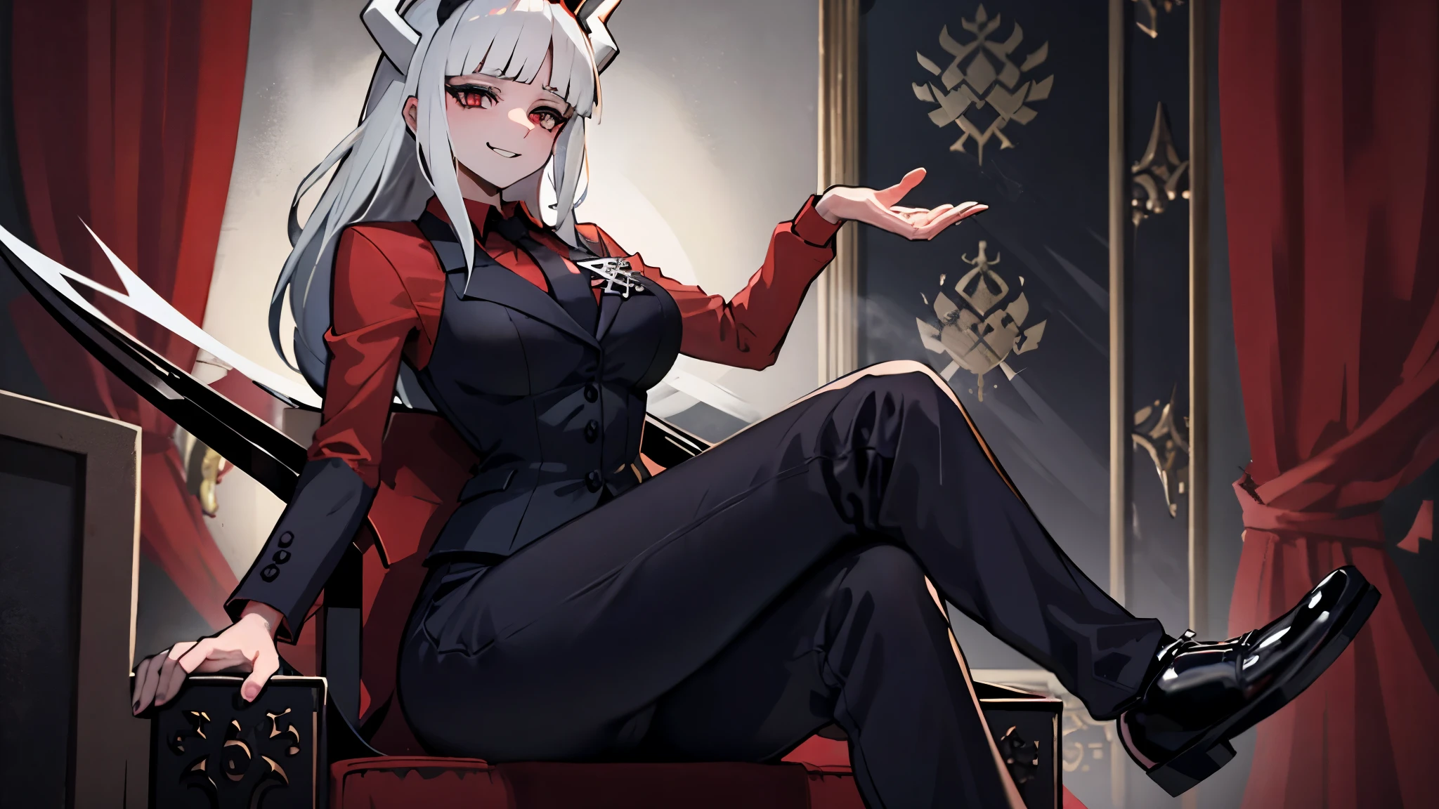 female character lucifer from helltaker, long straight white hair with bangs, red eyes, mischievous and seductive smile, sitting on a hellish throne with crossed legs, black female suit, red shirt and black tie, white horns, simple crown with spikes, demon tail, image that demonstrates superiority of the character and environment and sexy posture, hellish scenery in the background, high definition, high resolution, intricate details