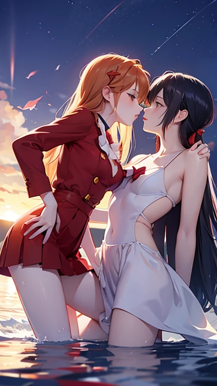 (masterpiece),(highest quality:1.1),(super detailed),best illustrations, (1 girl:1.3)、Two women kissing,Thretta Mail、tall、((Asticasia ホワイト 、white shorts))、((redhead、Ahoge、blue eyes))、Mioline Remblanc, Asticasia , alone, long hair, gray eyes, gray hair, Ahoge, Legwear with seams, Green shorts, tie, bangs, hair between eyes, black pantyhose, long sleeve, Green jacket, floating hair, red tie、(lily、lesbian、Hugging each other)、(((I'm kissing)))、Western-style room
