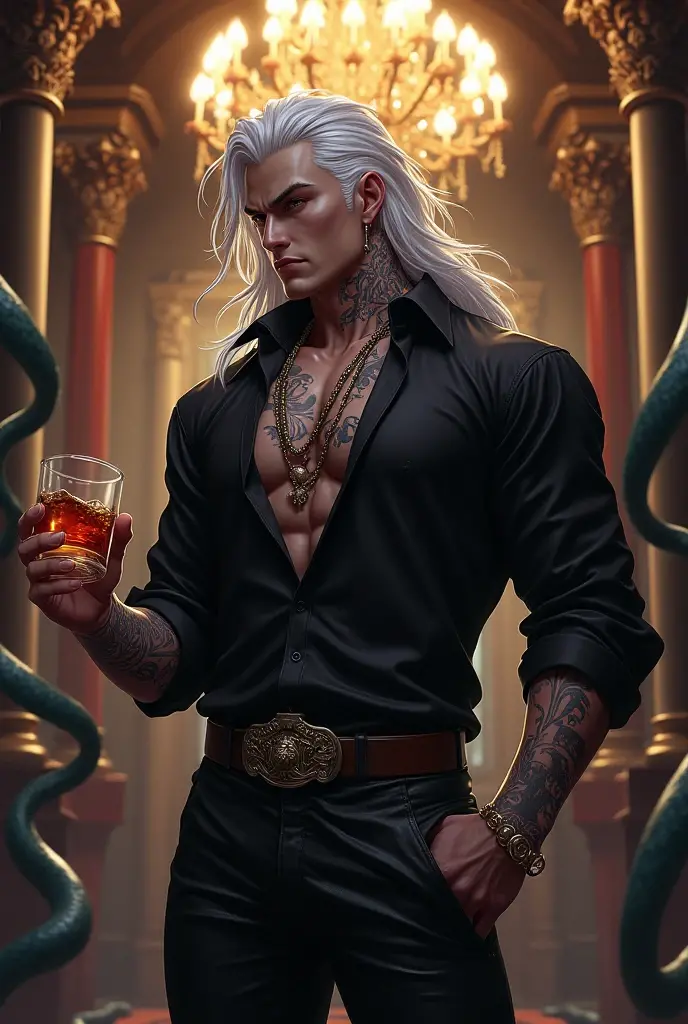 Create a handsome and attractive prince of hell, details his face, Let his jaw be marked but don't put a beard on him so he looks young and has long white hair, that has blue-purple eyes, Leave her chest exposed with some tattoos and put on a long, semi-transparent black robe with gold embroidery, that he has leather pants with a belt, Put a bracelet on his arm too. Let him sit in an elegant black chair with thorns and diamonds and hold a glass of black wine in his right hand.