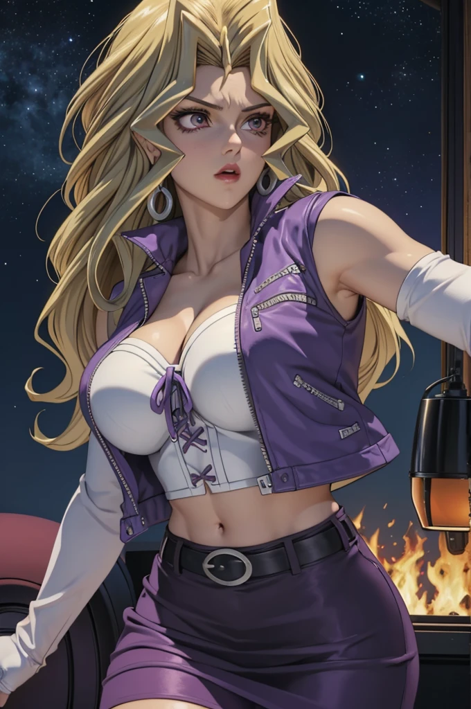 Realistic 1.2, 1 female, high definition, High resolution , Ultra-realistic,8k, mai valentine,  blonde hair,  red eyes art, breasts, Blush, purple skirt,tight skirt, mini-skirt,   long hair , large breasts,  elbow gloves , white gloves, navel,  cleavage,  highlighted sleeves , diaphragm, belt, vest, short top, busty,europeu,Sensual, Close-up of the trunk , photographed from the front, dynamic angles ,Blush, average ,(( upper body )),(nervous:1.3), Outside ,dark sky, forest