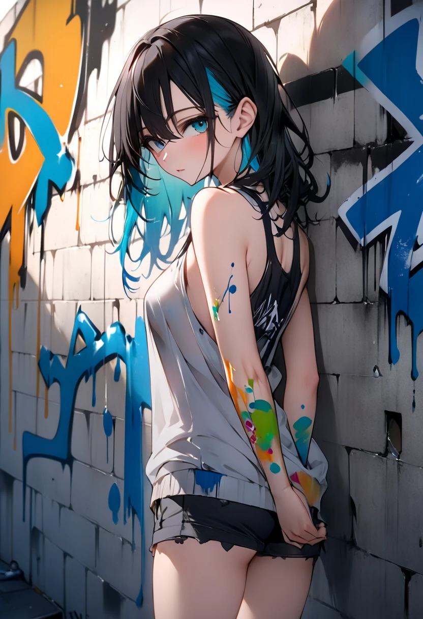 masterpiece, best quality, 1girl, solo, ヒップホップファッション, (graffiti:1.5), paint splatter, arms behind back, against wall, looking at viewer,, paint on body, head tilt, bored, multicolored hair, aqua eyes, --v 6.1