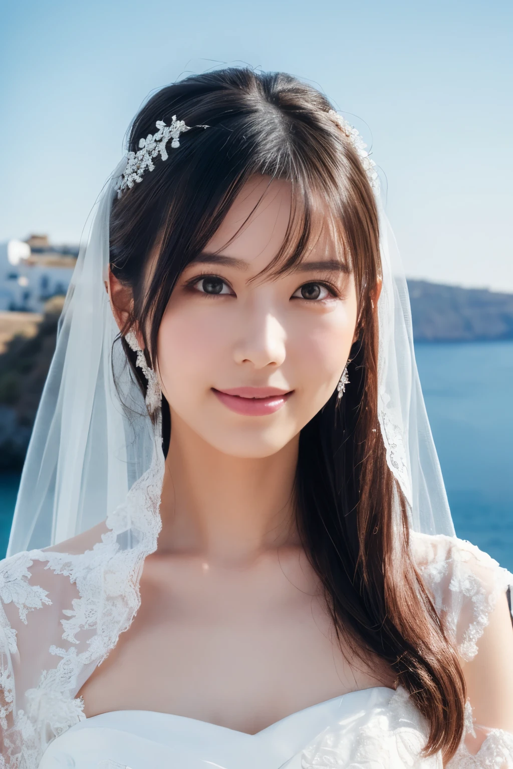  1 girl, ( wear a wedding dress:1.2), (Veil),  very beautiful Japanese idol portrait, ( lying down ),
( RAW photos,  top quality), ( realistic,  realistic:1.4), (masterpiece), 
 very delicate and beautiful ,  very detailed, 2k wallpaper,  amazing on the beach, finely,  very detailed CG Unity 8K wallpaper,  very detailed,  high definition, Soft light, 
 girl with beautiful details wearing a navy blue blouse,  very detailed目と顔,  beautiful and sophisticated nose ,  beautiful beautiful eyes under the sun,  movie lighting, 
(Santorini church ), (bell), (Aegean Sea),
Perfect Anatomy ,  slender body, ( small breasts), (A shy smile), whole body