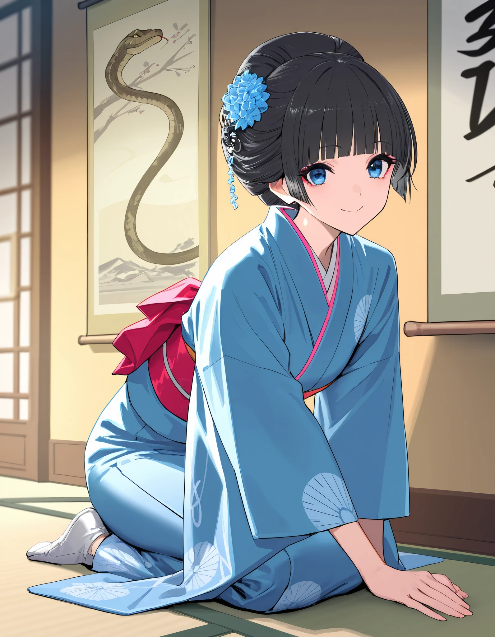 (In 8K, Best Quality, Master Piece: 1.2), Ultra High Resolution,yo,ultra-detailed face,puffy eyes,black hair,(updo:1.2),blue Phalaenopsis hair accessory,blunt bangs,Mascara,blue eyes,(blue kimono:1.2),tabi,full body,seiza,heartwarming smile,loking at viewer,rim light,(hanging scroll depicting a snake in ink is hanging on the wall:1.2),indoors Washitsu