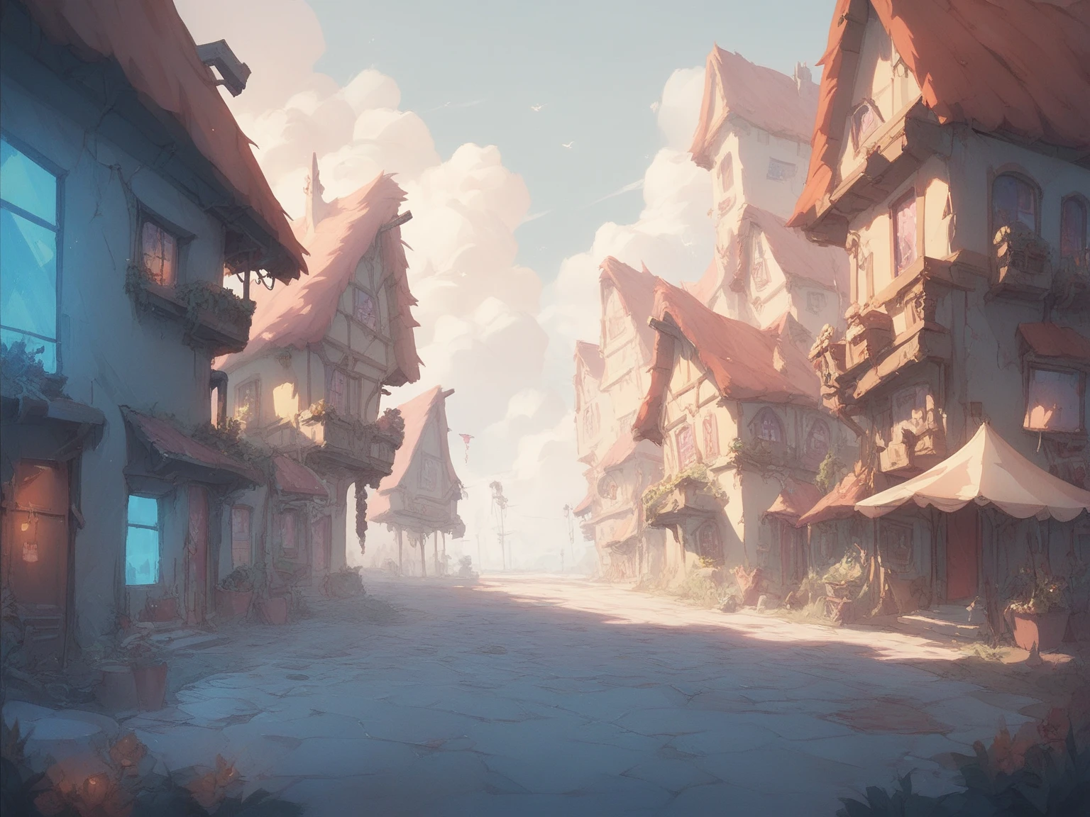 a picturesque retrofuturistic small town that seamlessly blends 1950s style with cyberpunk technology