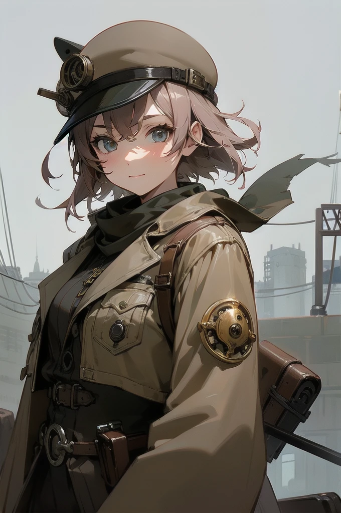 The masterpiece is an illustration of high resolution and incomparable quality. The protagonist is a girl with boots, gloves and a plate cap, holding a gun. He wears a military-style coat and mask, and has large thighs. His hair is short and he has a scar on his eye. The picture has a serious and gloomy atmosphere.