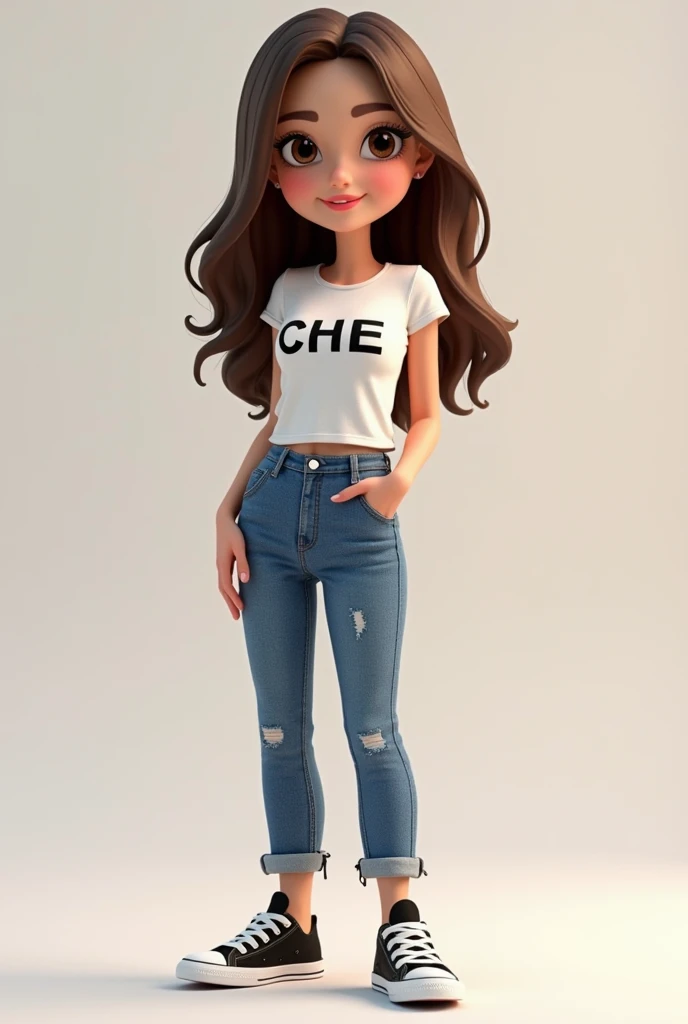 create 3d photo of cambodia young beautiful women 40 years old , shoulder lenght beautiful hair, trendy t-shirt with text "CHE" on shirt, trendy pant jean. standing holding with 3d text "GALLINAT" ，sneacker white black,  whole body,cartoon，spelling should be correct 