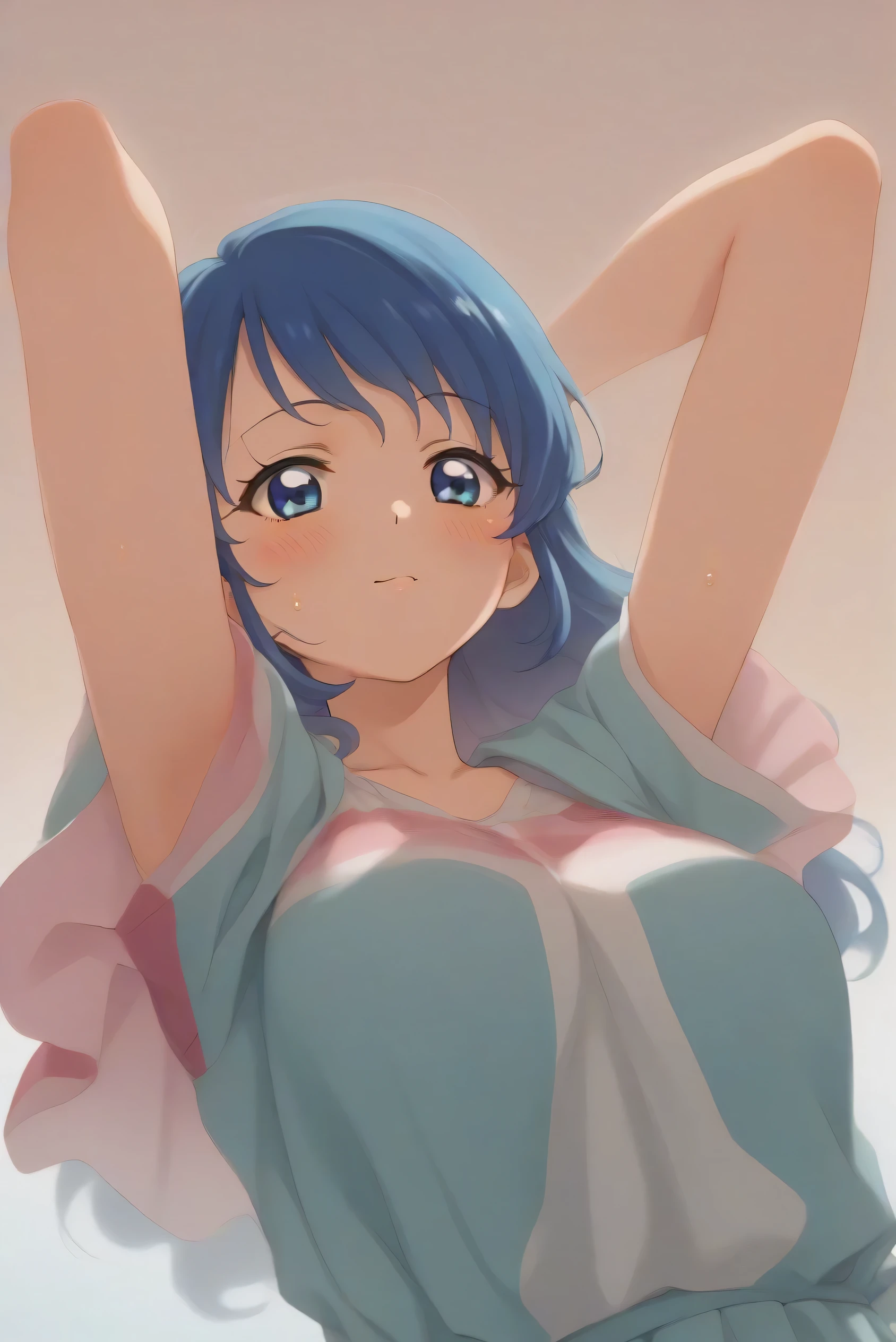 Kiriya Aoi (Aikatsu!))1 girl, solo, from below, (big breasts focus), (breasts shaking), clothed, arms raised, :d, blushing, looking at camera, upper body, (beach), (wet) skin), (super detailed; 1.3 ), perfect anatomy Blue hair,Side Pony tain, 1990s_PC, Aoi Kiriya (Aikatsu!)