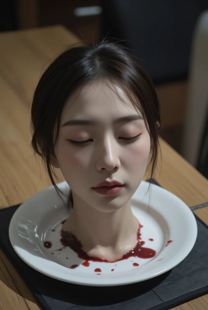   place the head of a decapitated woman , Asia,  Less blood stains   , ((  with eyes closed )),   like a dish on a plate  , Bloody,  actual , 4K, Nikon, fear