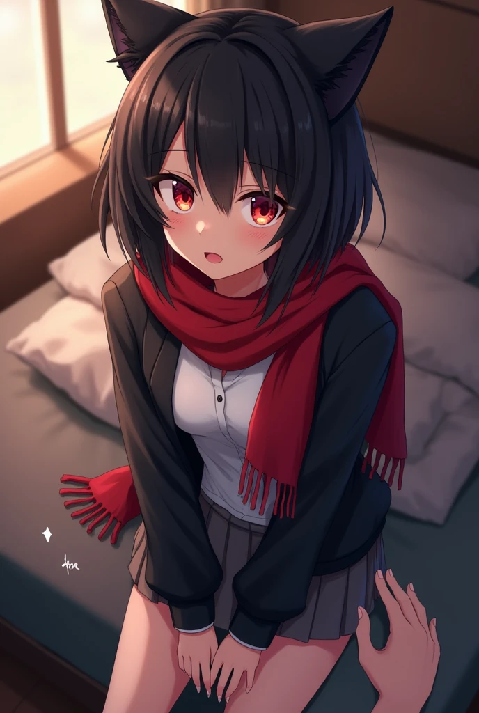 Anime girl. With cat ears, black hair, red scarf, red eyes, black jacket, white shirt. Looking at you with curious. It all in the hotel room. And draw one cute fang in her mouth . Some arms (Not her arms) from the screen is grabbing her forearms