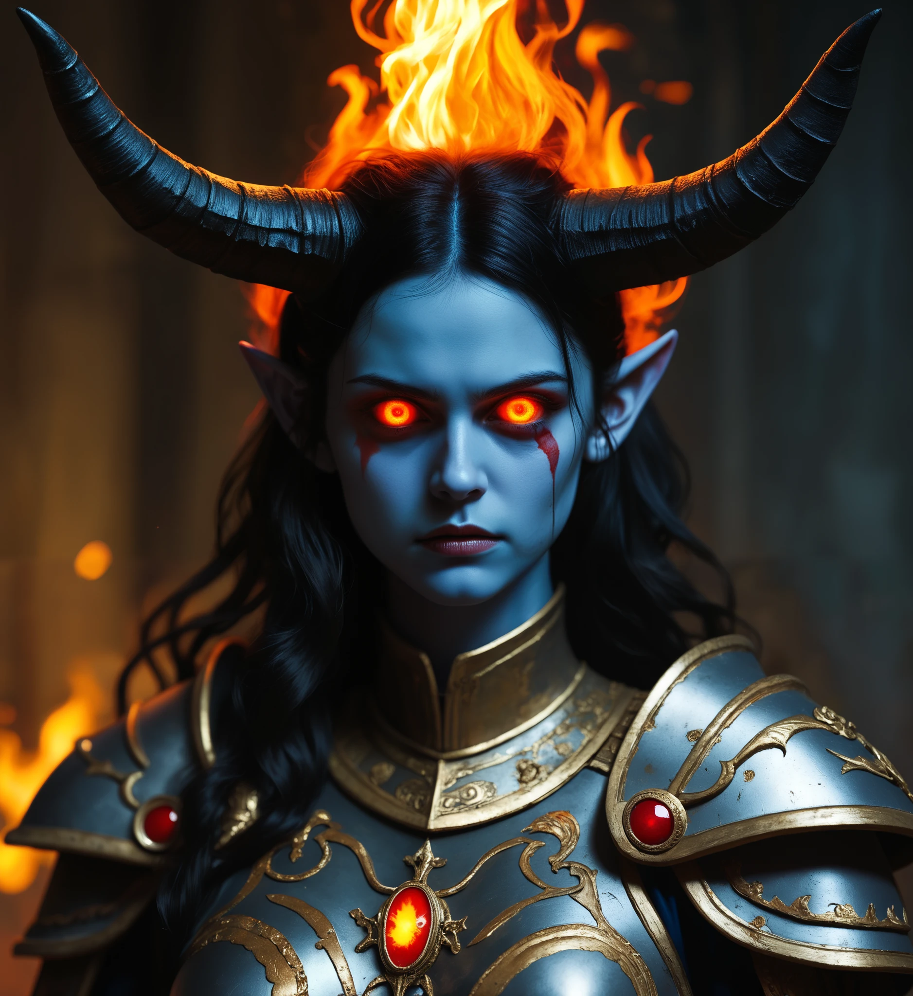 This photo captures an intense close-up portrait featuring a female character adorned with intricate metalwork resembling ancient warrior attire. Her dark blue skin has orange flames painted on it, adding a dramatic effect that enhances her menacing appearance. The central focus lies upon her face which exhibits pointed ear tips, elongated eye sockets filled by bright red neon lights emanating from within them, giving off a sinister vibe reminiscent of demonic entities. She sports devilishly large curved horns protruding from either side of her head, further emphasizing her otherworldly persona. A set of elaborate metallic breastplates are visible against her chest area while she wears heavy armored shoulders covered partially in flame effects similar to those seen across her torso. Black wavy locks cascade down around her neckline, framing her stern expression directed towards the camera lens. Blurred elements can be observed behind. 1girl. horns. solo. pointy ears. long hair. armor. colored skin. glowing eyes. blurry. shoulder armor. black hair. pauldrons. blurry background. glowing. looking at viewer. upper body. demon horns. breasts