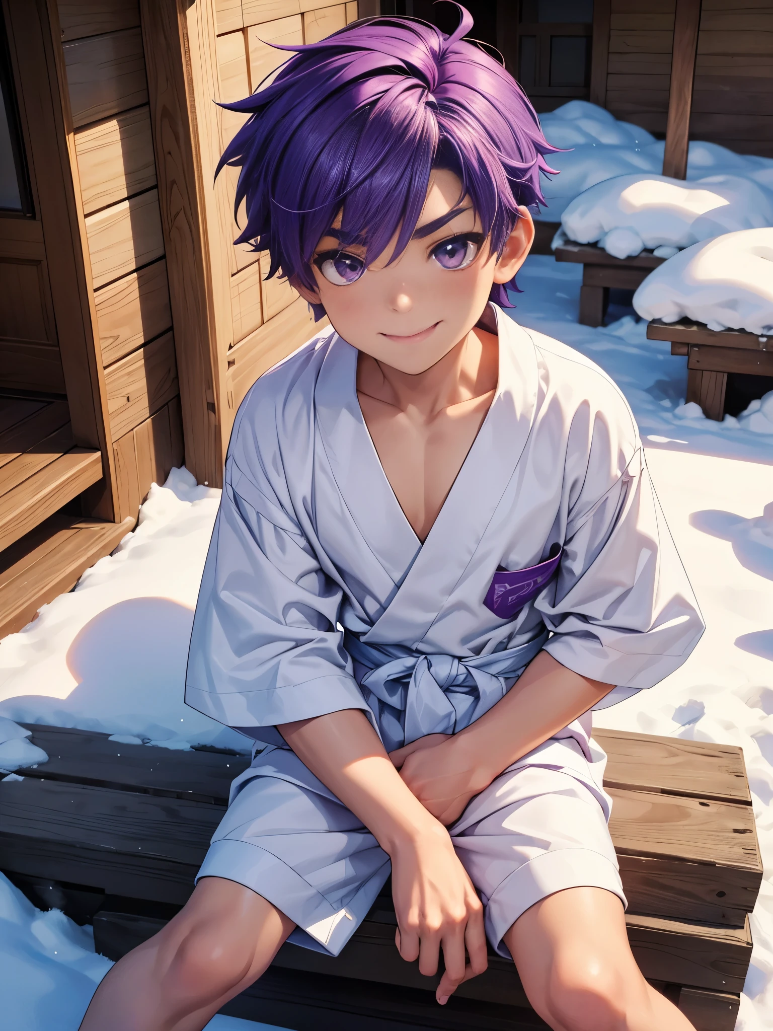 Nendoroid-style 3D SD character. Boy. Purple hair. Straight bobbed hair with little bounce. He has purple eyes with a glazed look. Thin, arched eyebrows. Eyebrows are lowered. Red cheeks. He is smiling with a sleepy look on his face. He is sitting on the porch of a Japanese-style room, watching the snow piling up in the garden. 